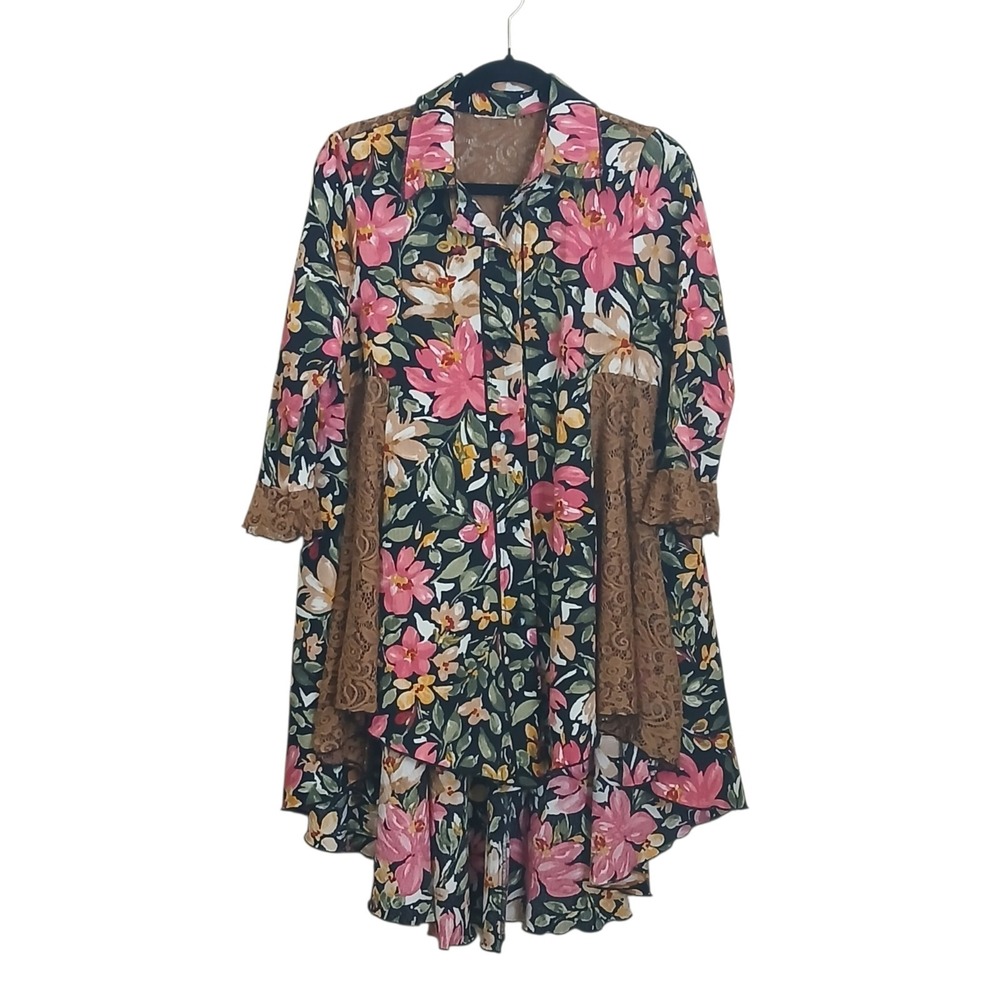 Zadie B's Floral Tunic Top High Low Button Front Brown Lace Modest Boho Shirt S
